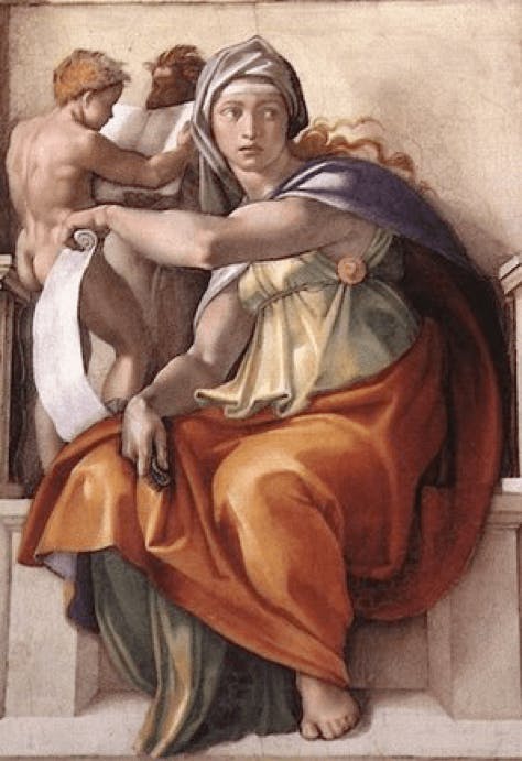  （圖6）西斯汀教堂天花畫，德耳菲女先知（局部）（Delphic Sibyl） ，1511，米高安哲羅，濕壁畫。 