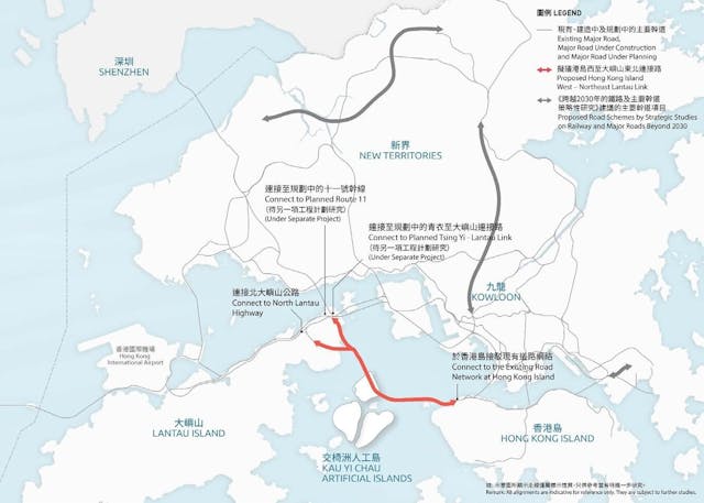 港島西至大嶼山東北連接路預計走線設計。（政府文件截圖）