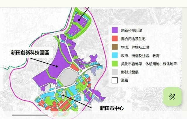 新田科技城總發展面積超過600公頃，其中一半指定為科創用地，總樓面面積達到700萬平方米，相當於17個香港科學園。（規劃圖節錄自團結香港基金報告）