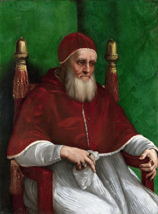 （圖4）《教皇猶利二世畫像》（Portrait of Pope Julius II），拉斐爾，1511。木板油彩，高108.7 cm、闊81 cm。英國倫敦國家美術院。