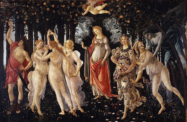 《春》&mdash;&mdash;波提且利於1482年完成（Primavera&mdash;&mdash;Sandro Botticelli, 1482），木板油性蛋彩，高203cm，闊314cm，現藏於義大利翡冷翠烏菲茲美術館。