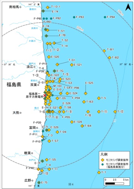 圖示福島核電廠20公里以內的海水監察點。（東京電力圖片）