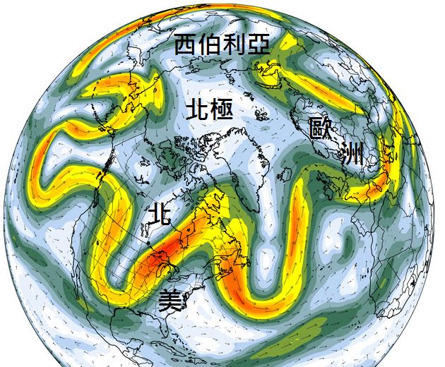 2014年5月14日圍繞北極的噴流出現阻塞形勢的示意圖。（底圖來源：U of Maine）