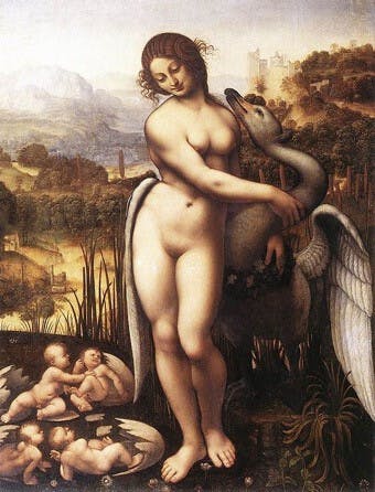 圖4：麗達與天鵝（Leda and the Swan），原達文西作品（1515&mdash;20），現已散佚。此乃西斯圖（Sesto）抄本，現藏英國威頓大宅（Wilton House，England）