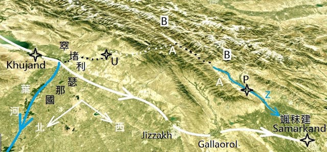 圖3.窣堵利瑟那國至颯秣建國立體圖（自西北望向東南）A: Turkestan山脈、 B: Zarafshan山脈、Z: Zarafshan河、U: Ura-Tyube（今Istaravshan）、P: 半制城Panjikand/Panjakent。