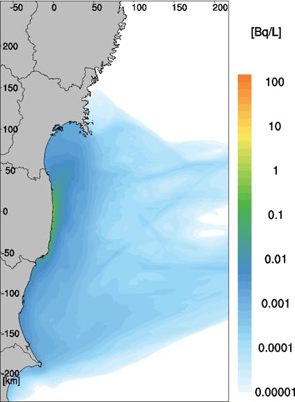 圖示排放核廢水的模擬情況，顏色標示「氚」的濃度。（簡報截圖）
