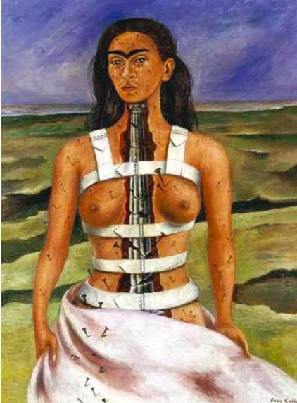 Frida Kahlo作品，The Broken Column（1944）；畫中女士身體由一條鋼鐵從下巴貫穿至腹部。（fridakahlo.org 圖片）