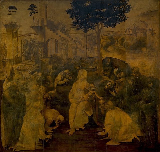 圖5：《智者來朝》（Adoration of the Magi），達文西， 1481。木板油彩，高246 cm 闊243 cm 義大利翡冷翠烏菲茲美術館。