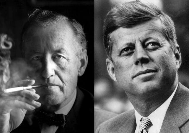 美國前總統甘迺迪（John F. Kennedy）（右）是伊恩&middot;法蘭明（Ian Fleming）（左）間諜小說的忠實讀者。（網絡圖片）