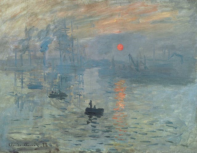 《印象‧日出》（Impression Sunrise）是法國畫家莫奈（Monet）的著名畫作。畫風「印象派」的由來，就是取自這幅畫。（Wikipedia commons）