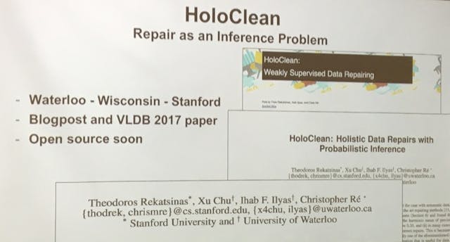 2017年，Prof. Ilyas與其他研究人員聯合發表了介紹HoloClean方案的論文，嘗試將數據庋用問題視作一整體來解決，並且使用數學推斷的方法來進行數據修復。（Prof. Ilyas簡報截圖）