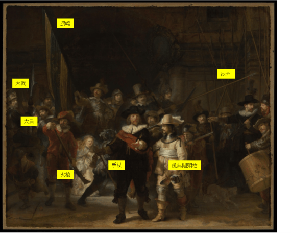 （圖3）《夜巡》裏不同的武器，倫勃朗，1642，荷蘭國立博物館。 The Night Watch, Rembrandt, Rijksmuseum. 