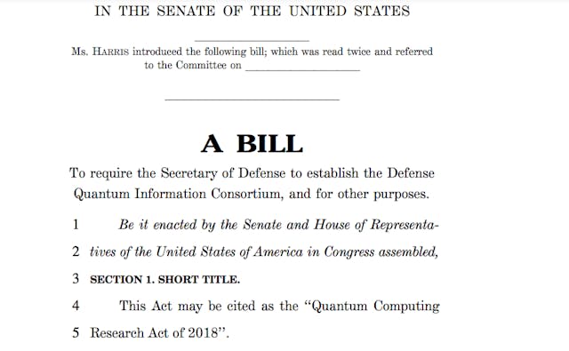 圖三：賀錦麗在2018年曾提出草案要求國防部統籌軍隊、官、產、研的量子計算研究。 （來源：harris.senate.gov）