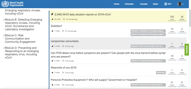 瀏覽課程討論區可了解全球報讀者對疫情的關注點。（圖片來源：OpenWHO 網上課程內容截圖）
