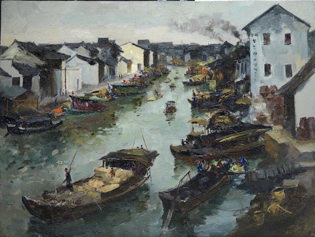 《蘇州水巷》，1956年，油彩板本，（46.2 x 61.3厘米），香港藝術館藏品（吳冠中先生及家人捐贈）。