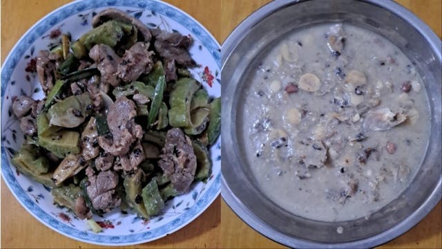 一鴨可以二食，左為鴨肉炆涼瓜，右為鴨架冬瓜四神湯，湯料都煮溶了。（作者提供）