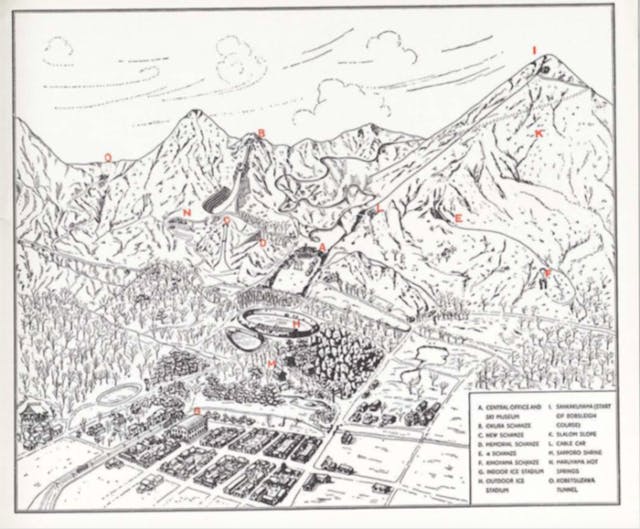 圖九：1940年札幌冬季奧運場館構想圖，可見登山纜車等交通配套。（來源：1940年東京奧林匹克運動會宣傳品）