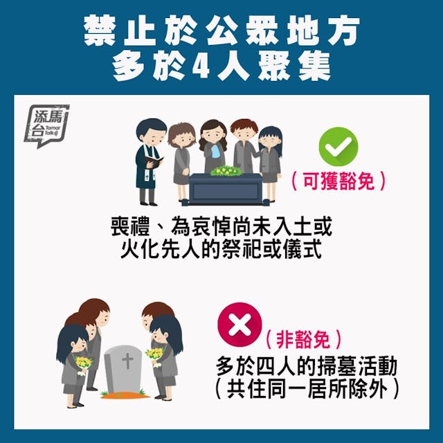 政府說，市民在掃墓時，須遵守不多於 4 人群組聚集的規定，但若屬共住同一居所可獲豁免。（添馬台Facebook Page）