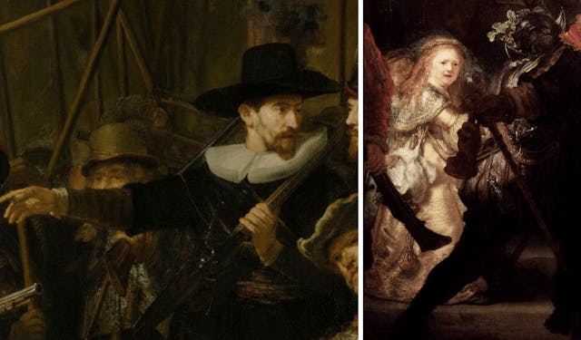 （圖7）《夜巡》局部&mdash;&mdash;白蕾絲領隊員， 倫勃朗．The Night Watch (partial), Rembrandt, Rijksmuseum；（圖8）《夜巡》局部&mdash;&mdash;女孩右前方全身中古盔甲，頭纏樹葉的矮少隊員，倫勃朗．The Night Watch (partial), Rembrandt, Rijksmuseum.