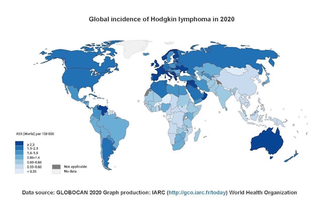 2020年霍奇金淋巴癌的全球發病率分布。（香港中文大學圖片）