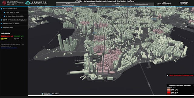 數據平台可使用3D模式展示個別大厦附近200米的確診數字。（香港理工大學提供）