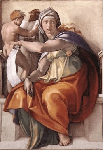 （圖4）西斯汀教堂天花畫「德耳菲女先知」 局部（Delphic Sibyl） ；米高安哲羅（1511）；濕壁畫；高380 cm、闊 350 cm）。