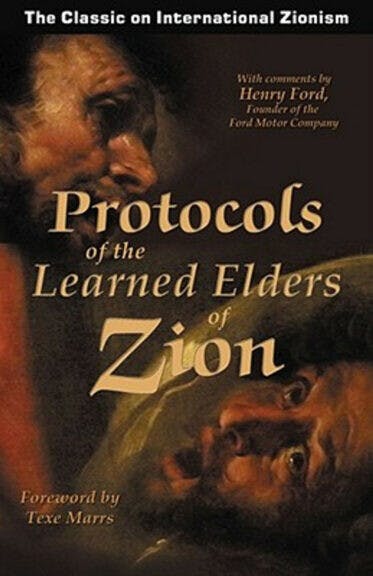 《錫安長老會紀要》（Protocols of the Learned Elders of Zion）最早將共濟會與猶太人聯繫到一起，是希特勒、斯大林、亨利‧福特為代表的歐美反猶太主義勢力的理論基礎。（Mahogany Books圖片）