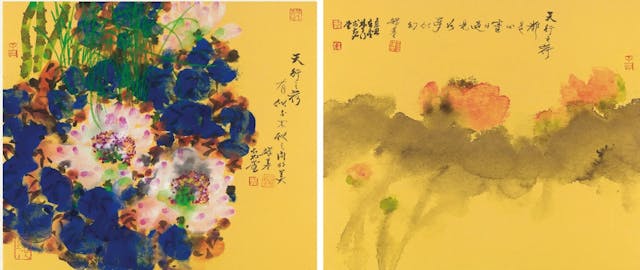 天行之荷一及二，林天行作、金耀基題，水墨設色紙本，45x53cm，2021。（集古齋圖片）