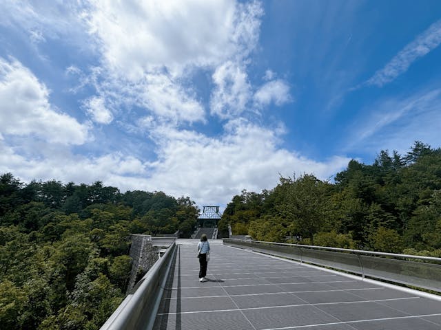 沿着吊橋再往前走，遠遠已可窺見美術館的入口。