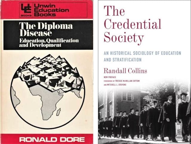 &lt;I&gt;The Credential Society&lt;/I&gt;和&lt;I&gt;Diploma Disease&lt;/I&gt;大致都是在揭露學歷和文憑背後的社會現象。（Amazon）