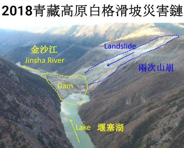 2018年西藏自治區白格村山崩，形成堰塞湖。（中大理學院地球與環境科學課程簡報）