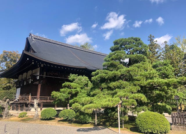 走進廣隆寺大門，寺院之內綠樹婆娑