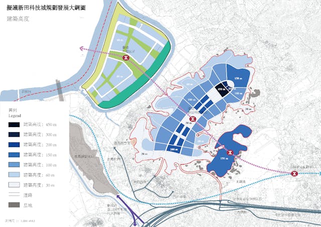 圖13：擬議新田科技城規劃發展大綱圖（建築高度）。