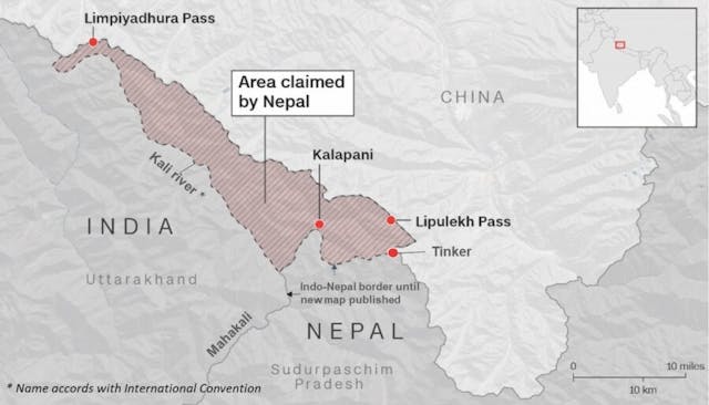 尼泊爾將與印度存在領土爭議的地區納入新版國家地圖，引發兩國爭議。（《加德滿都郵報》圖片）