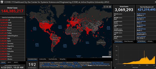 按美國約翰霍普金斯大學4月23日發布的數據，英國累計新冠肺炎確診病例為世界第七。（美國約翰霍普金斯大學系統科學與工程中心圖片）