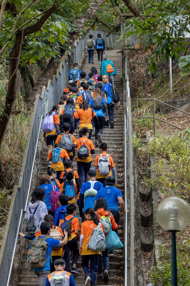 從小學出發後，先走過巿區的馬路和綿延不絕的長樓梯，再鑽入郊野，人人意志高昂。