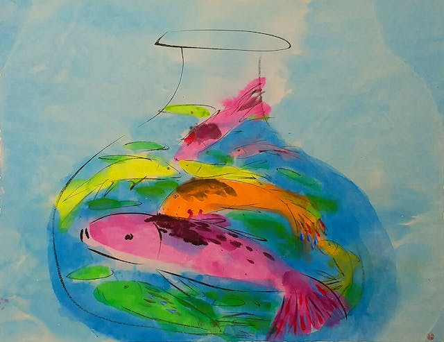 如魚得水(1990s), 74x96cm, 宣紙上墨, 塑膠彩(藝倡畫廊)