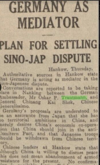 1937年報章報道陶德曼擔任中日戰爭調停人。