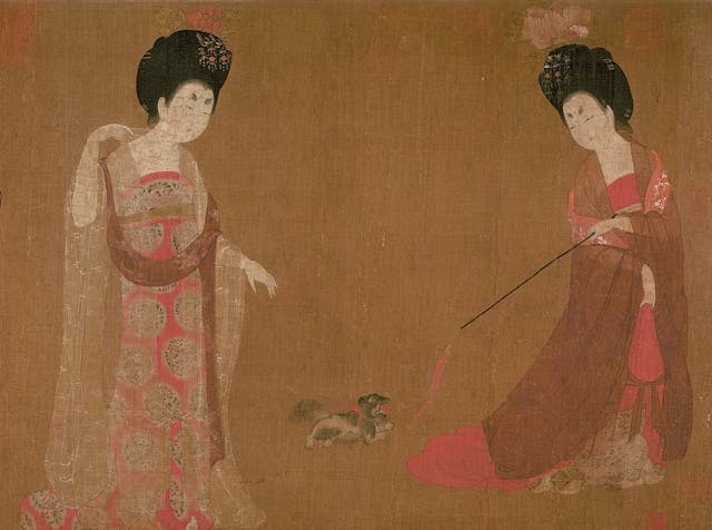 唐代周昉《簪花仕女圖》（局部），左邊女子右手戴「跳脫」或「臂釧」。（遼寧省博物館圖片）