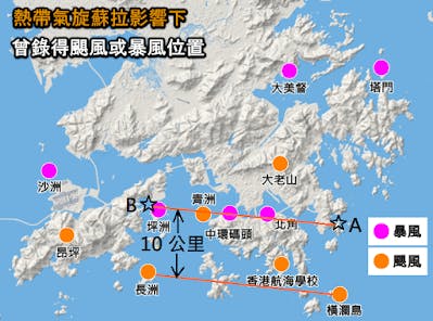 颱風蘇拉吹襲香港期間，最高持續風力錄得颶風（每小時118公里或以上）及暴風（每小時88至117公里）的站點 （香港天文台）