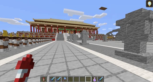 圖1：以歷史人物第一身角度體驗Minecraft世界的秦國咸陽宮。（德信學校參賽作品）