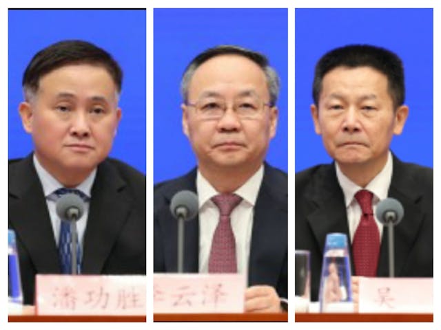 中國人民銀行行長潘功勝（左）指會降準減息。金融監管總局局長李雲澤（中）、中證監主席吳清（右）同時也出席了24日早上國新辦發布會。（國新辦）