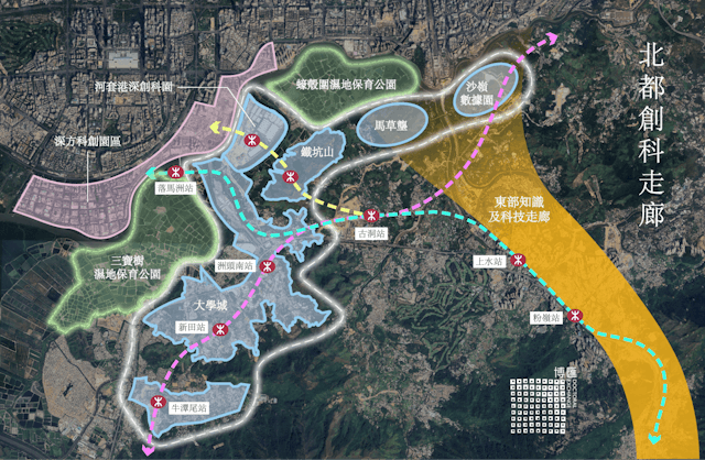 作者建議可將新田南和牛潭尾兩個區域的規劃合併考慮，新田南更適合做大學城保護公園。（設計圖由作者張量童提供）