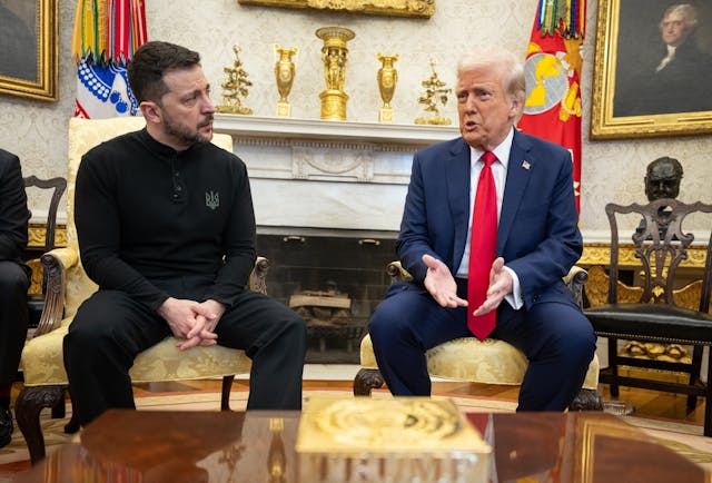 President Donald Trump greets President Volodymyr Zelenskyy of Ukraine, Friday, February 28, 2025, in the West Wing Lobby. (Official White House Photo by Daniel Torok)