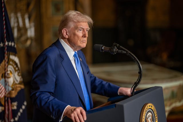 President Donald Trump takes questions after signing Executive Orders, Tuesday, February 18, 2025, at his Mar-a-Lago resort in Palm Beach, Florida. (Official White House Photo by Daniel Torok)
President Donald Trump signs Executive Orders, Tuesday, February 18, 2025, at his Mar-a-Lago resort in Palm Beach, Florida. (Official White House Photo by Daniel Torok)