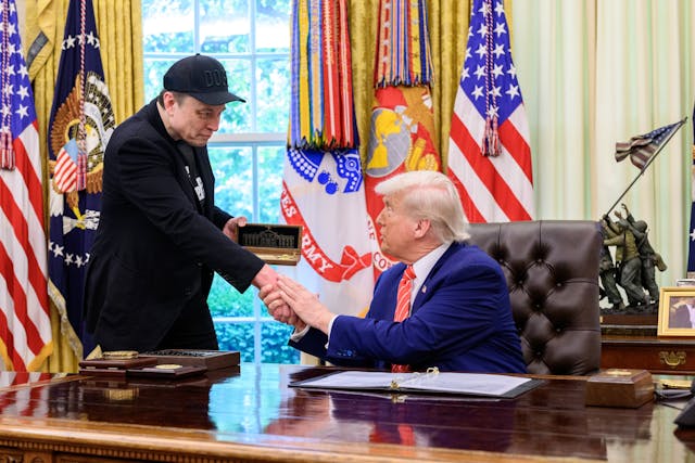 President Donald Trump participates in a press conference with departing DOGE adviser Elon Musk, Friday, May 30, 2025, in the Oval Office. (Official White House Photo by Molly Riley)