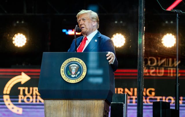 President Donald Trump takes the stage to delivers remarks at the Memorial Service for Charlie Kirk at State Farm Stadium in Glendale, Arizona, Sunday, September 21, 2025. (Official White House Photo by Daniel Torok)