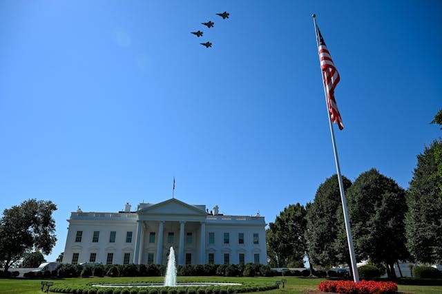 Military aircraft perform a flyover of the White House as President Donald Trump greets Polish President Karol Nawrocki, Wednesday, September 3, 2025, on the South Portico of the White House. (Official White House Photo by Patrick Witty)
