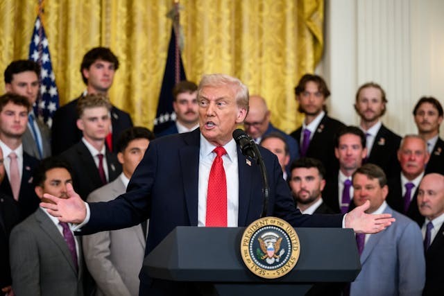 President Donald Trump delivers remarks in the East Room at an event celebrating the Louisiana State University Tigers and LSU Shreveport Pilots 2025 College World Series Championships, Monday, October 20, 2025. (Official White House Photo by Molly Riley)