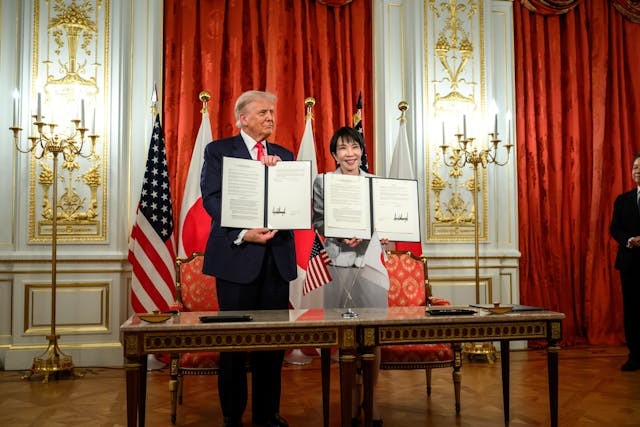 President Donald Trump participates in a signing ceremony with Japanese Prime Minister Sanae Takaichi, Tuesday, October 28, 2025, at Akasaka Palace in Tokyo, Japan. (Official White House Photo by Daniel Torok)